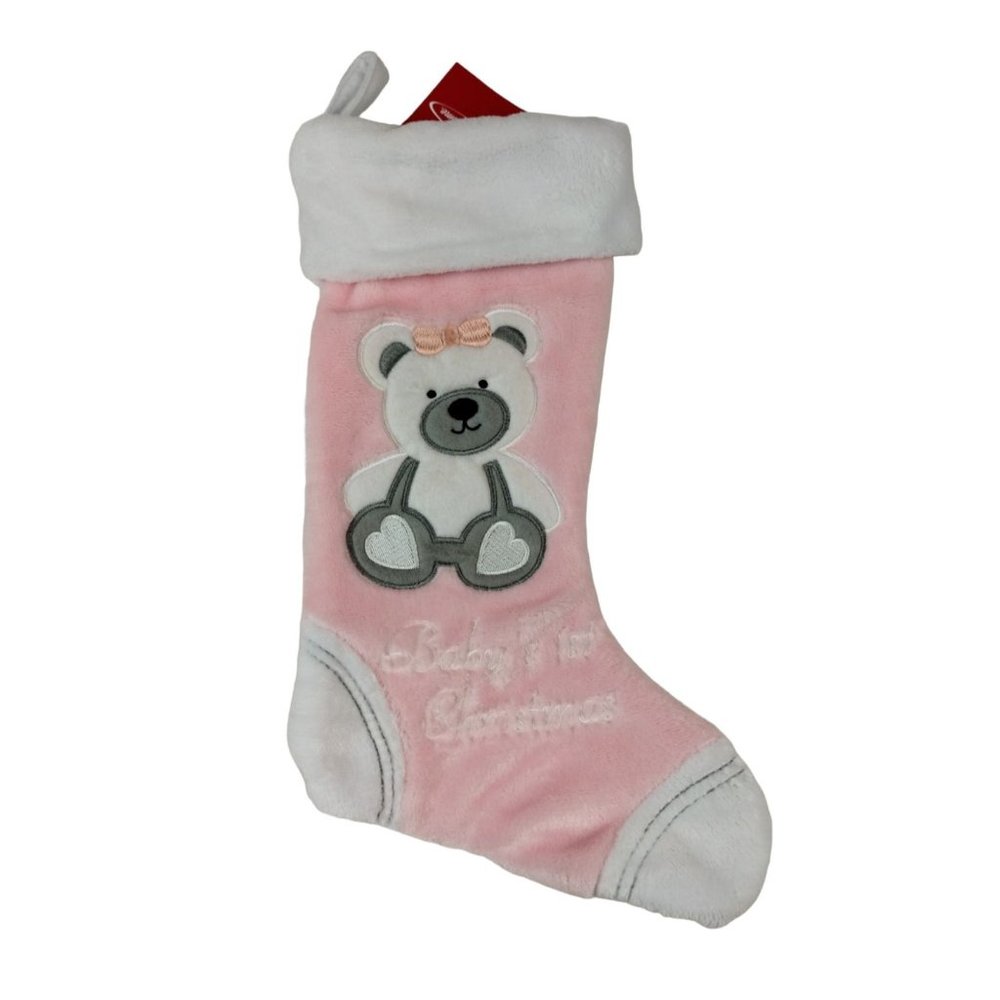 Holiday Home Babys 1st Christmas Bear 14 inch Pink Christmas Stocking New
